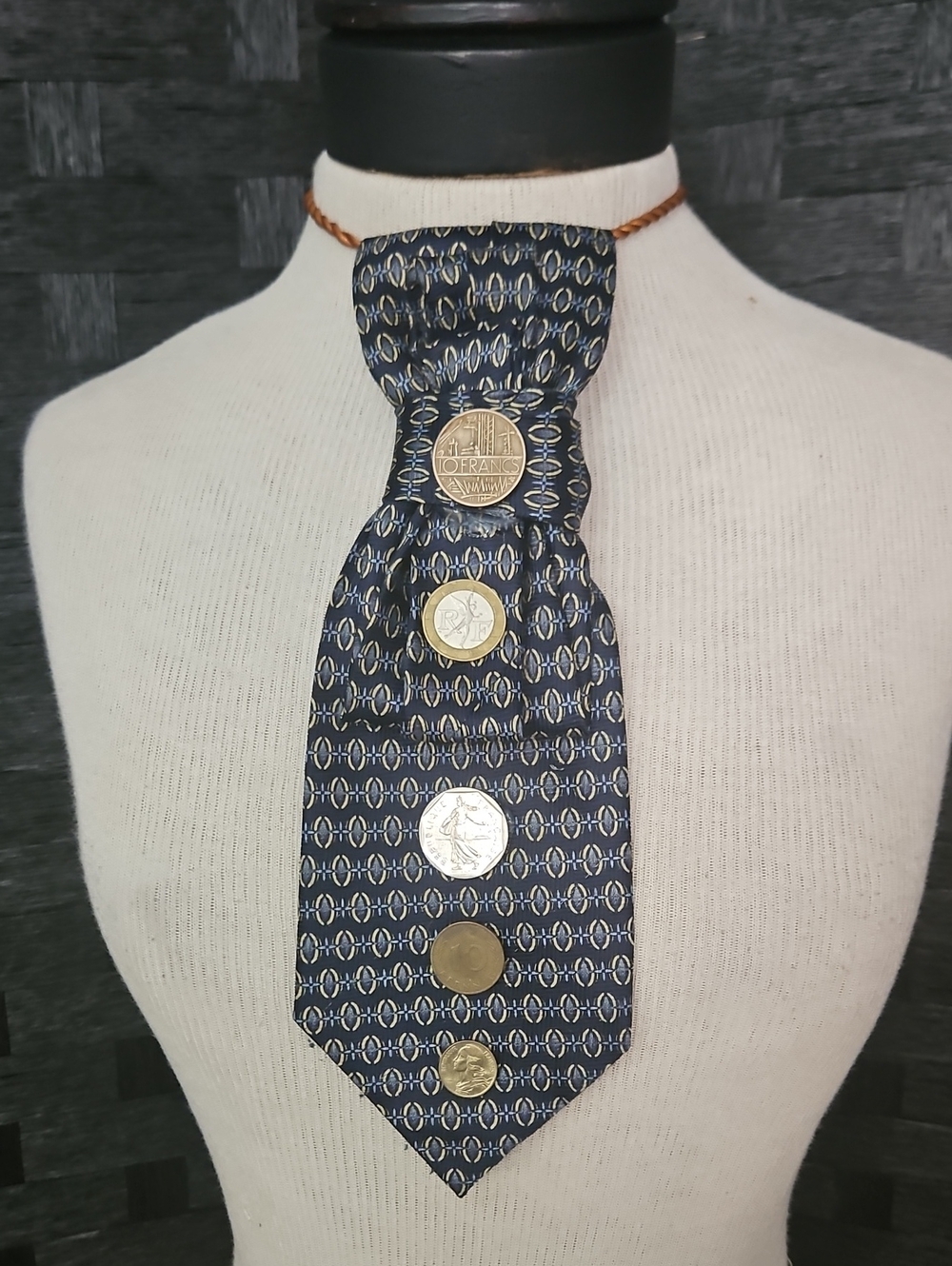 37 Francs Romario Manzini Navy Patterneb Statement Tie Necklace with Coins
